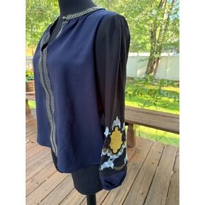 Anthropologie Vanessa Virginia Navy Blue Embroidered Long Sleeve Blouse XS